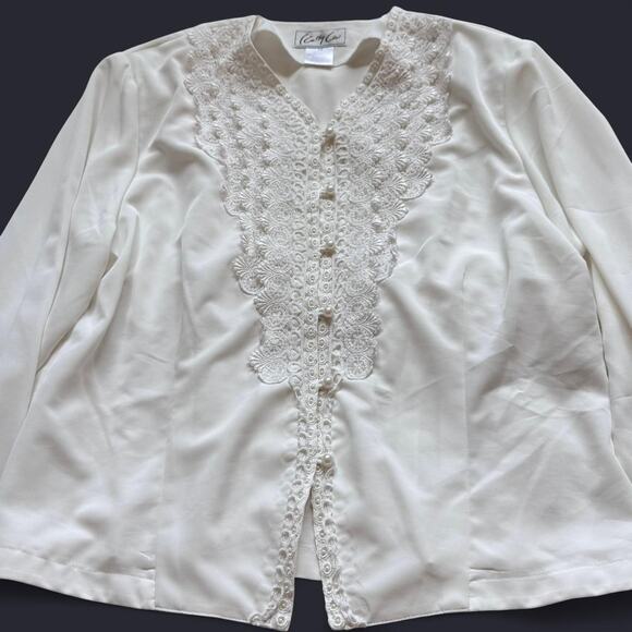 vintage White lace button up blouse sz 14 pearl delicate romantic cottage - Picture 3 of 8